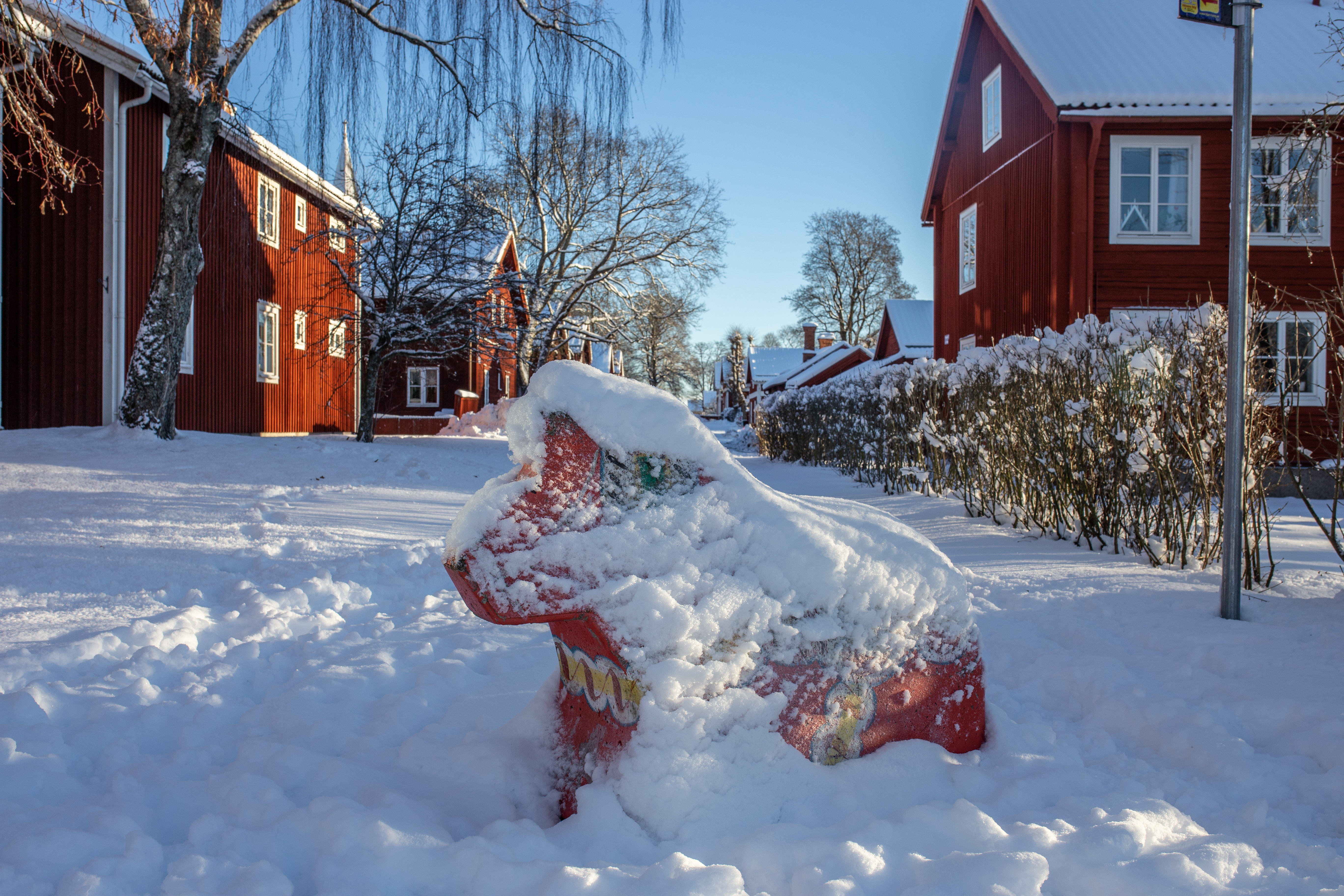 Stadsdelen Gamla Byn i vinterskrud. 