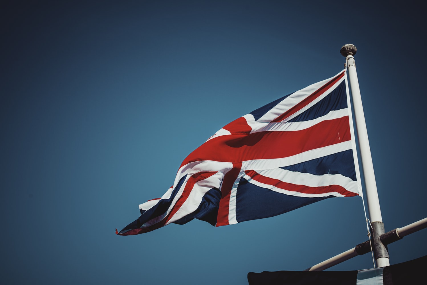 Brittiska flaggan mot blå himmel