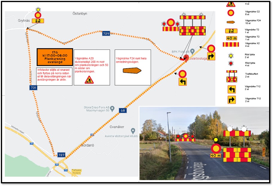 Kartbild över avstängning och omledning av trafik.