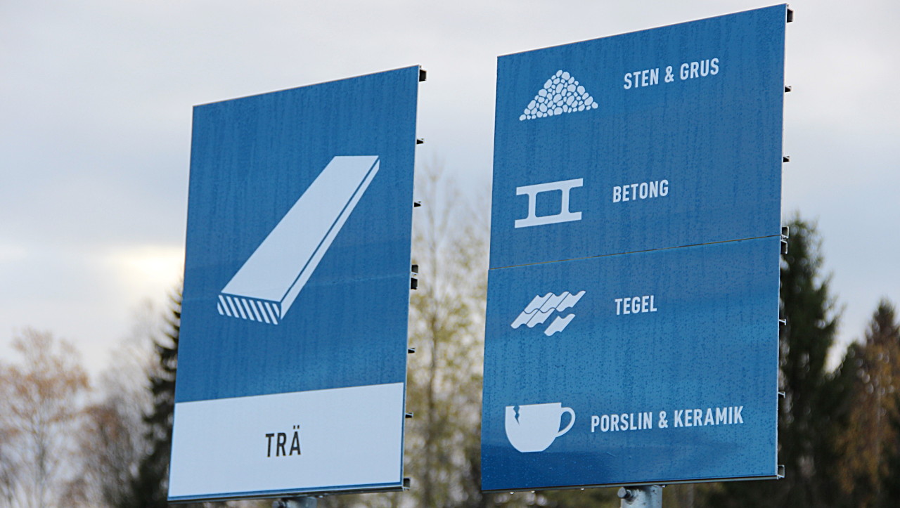 En skylt på återvinningscentralen med symboler för olika sopor