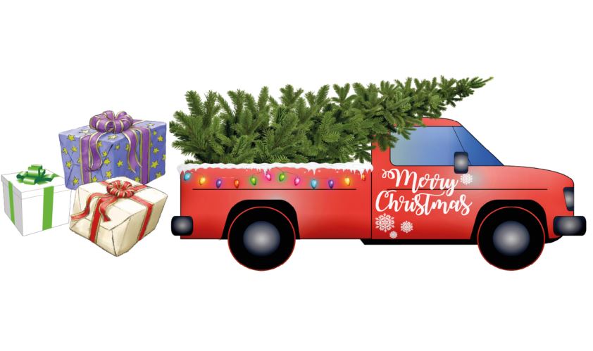 En julbil med gran och tre julklappspaket