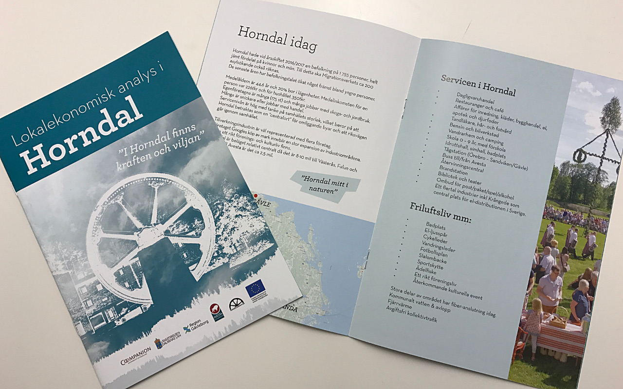 Broschyren om Horndal berättar allt om HOrndal i dag med service och friluftsliv till möjligheter och potential.