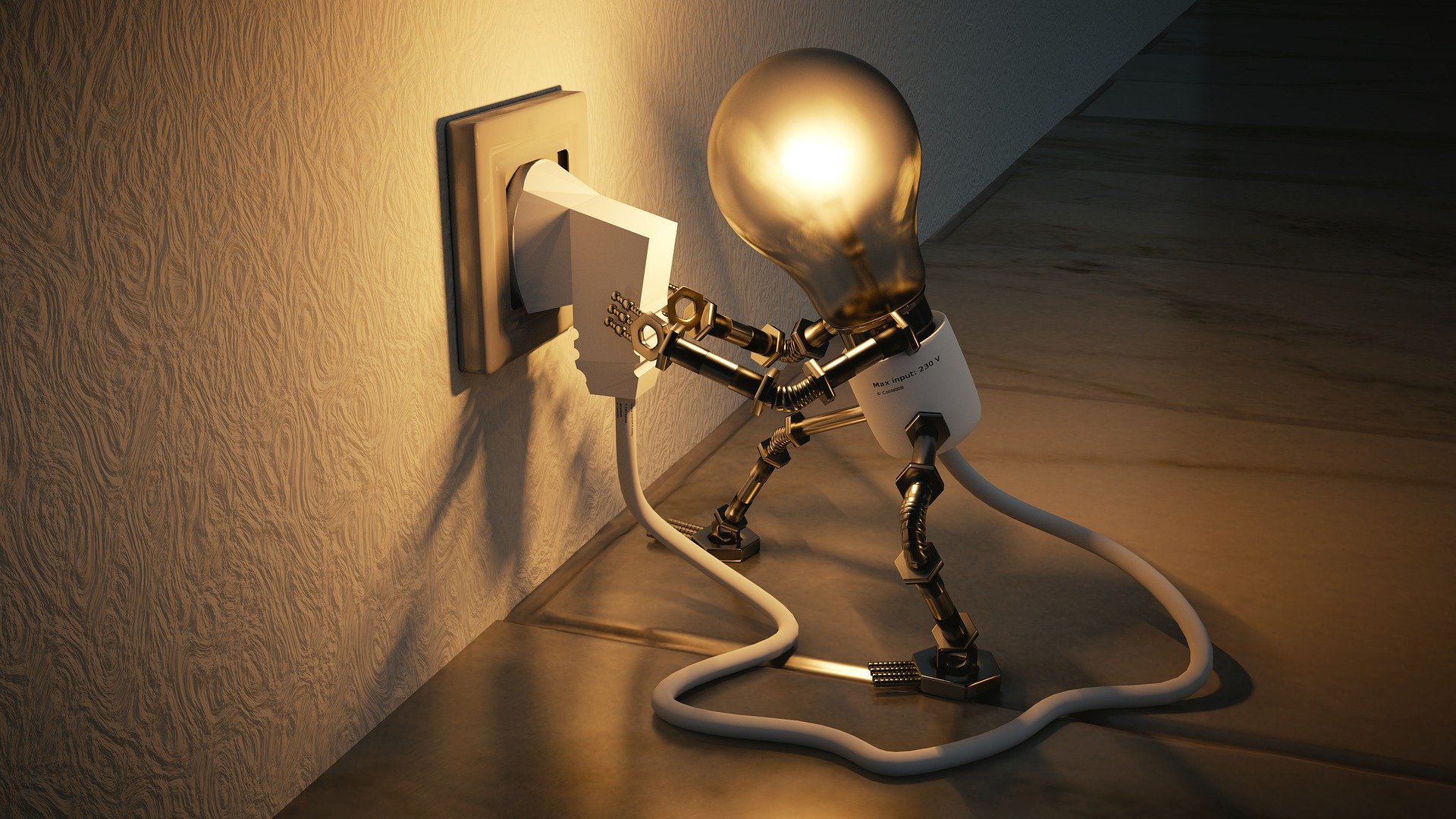 En figur med en lysande glödlampa som huvud stoppar i elkontakten.