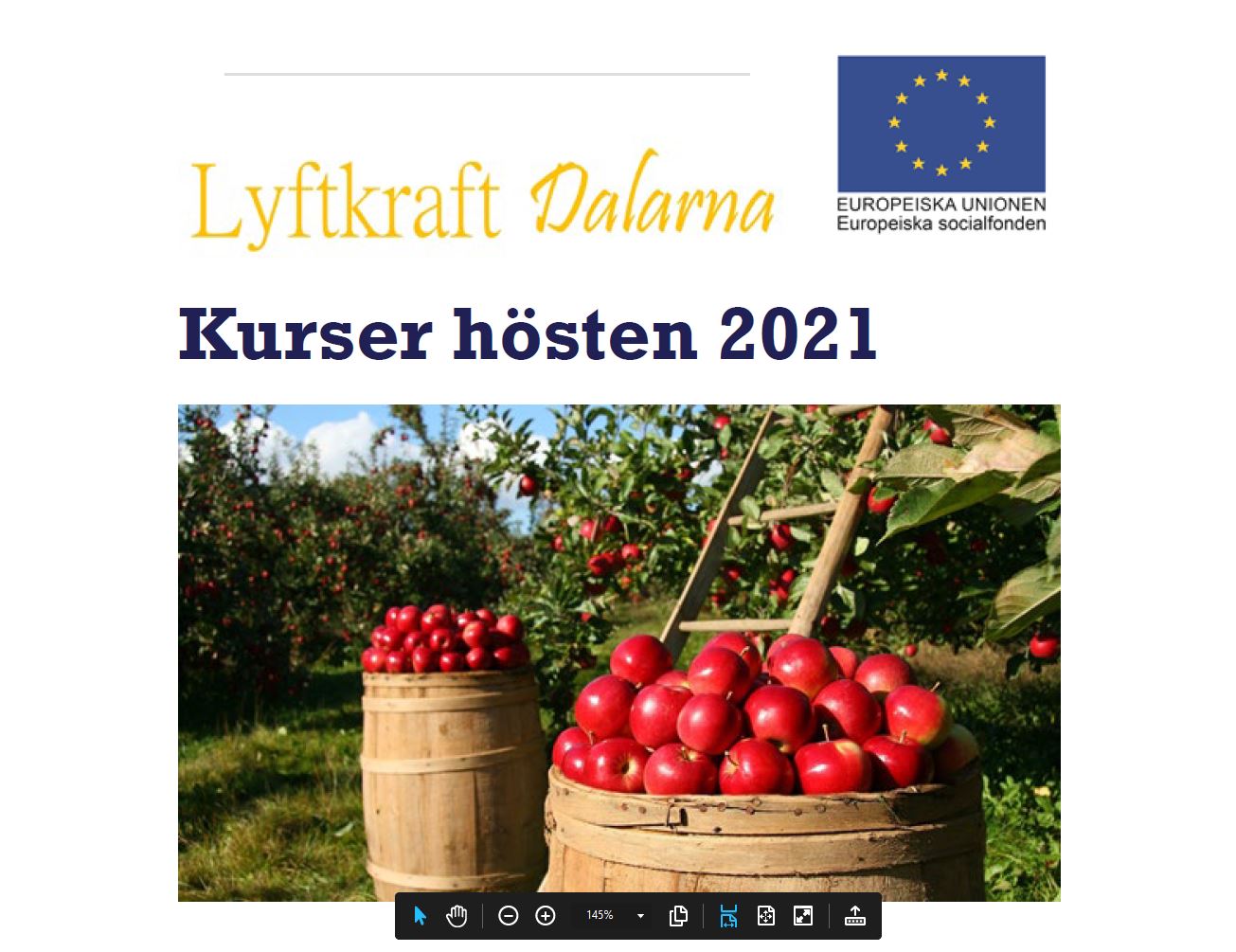 Bild med röda äpplen och rubriken Lyftkraft Dalarna kurser hösten 2021