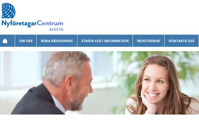 en bild från Nyföretagarcentrums webbsida med logotype oich en bild på två personer som pratar