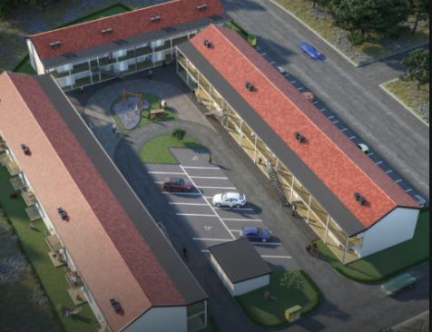 En skiss på tvåvånings trähus enligt ett projekt i Enköping.
