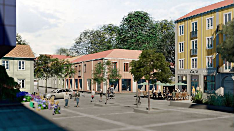 En skissad bild på lilla torget hur den skulle kunna se ut i framtiden med tätare bebyggelse och utemiljö