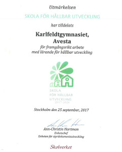 Bild av det diplom skolan fått för sitt hållbara arbete