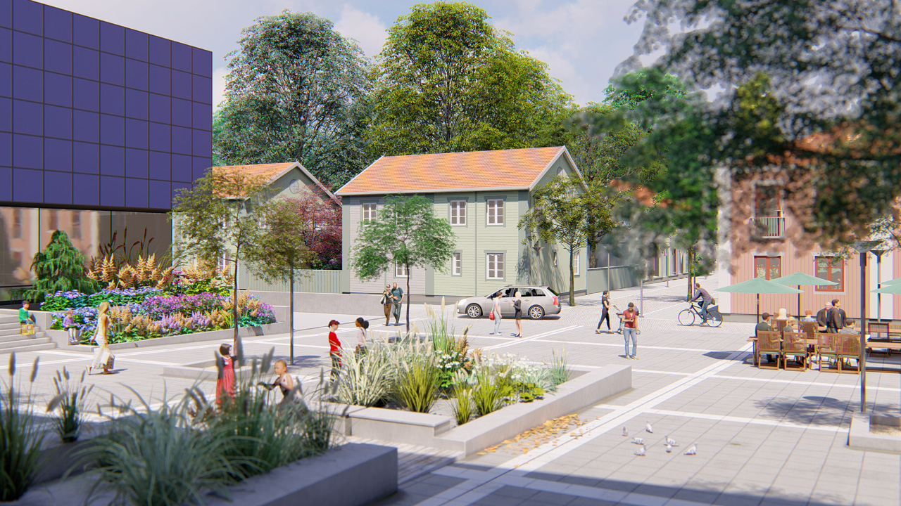 en tecknad bild av hur miljön utanför Avesta Galleria kan se uta i en framtid med fler bostöder, planteringar och mötesplatser.