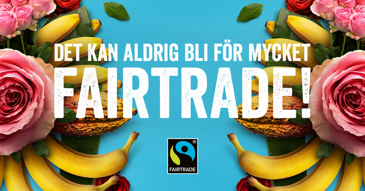 Exempel på fairtrade-produkter. Rosor, cacao, bananer