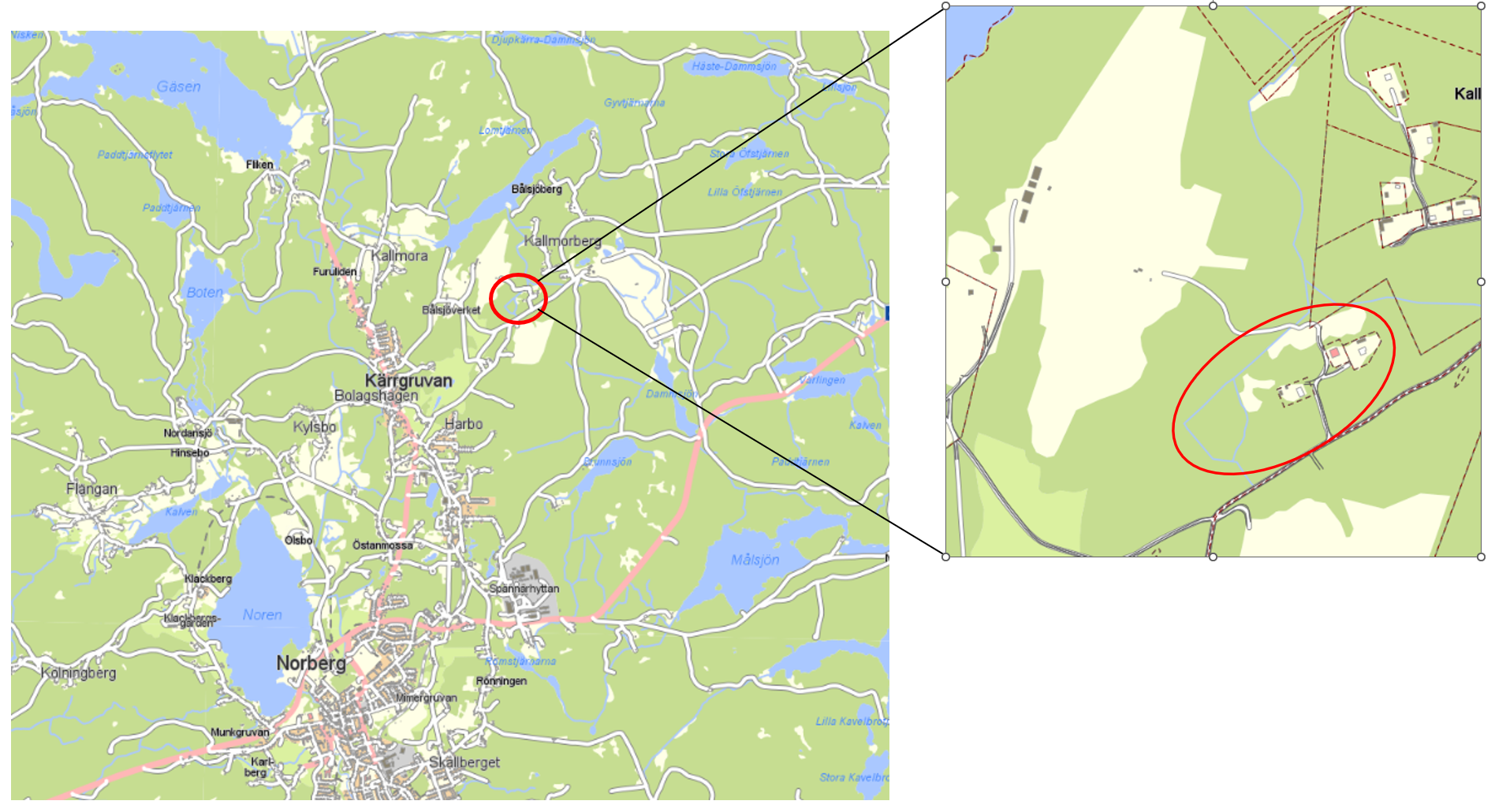 Karta över området Bålstadsverkets silvergruva, Norberg