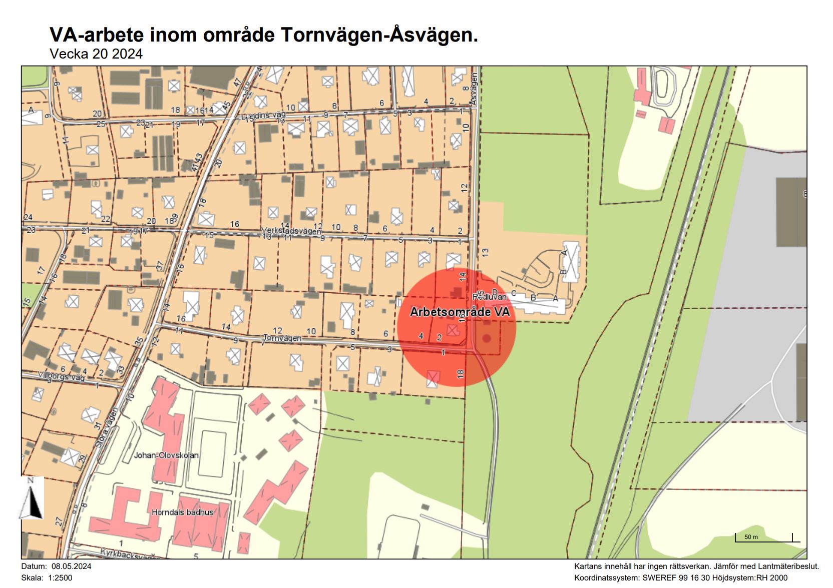 Karta över arbetsområdet Tornvägen-Åsvägen