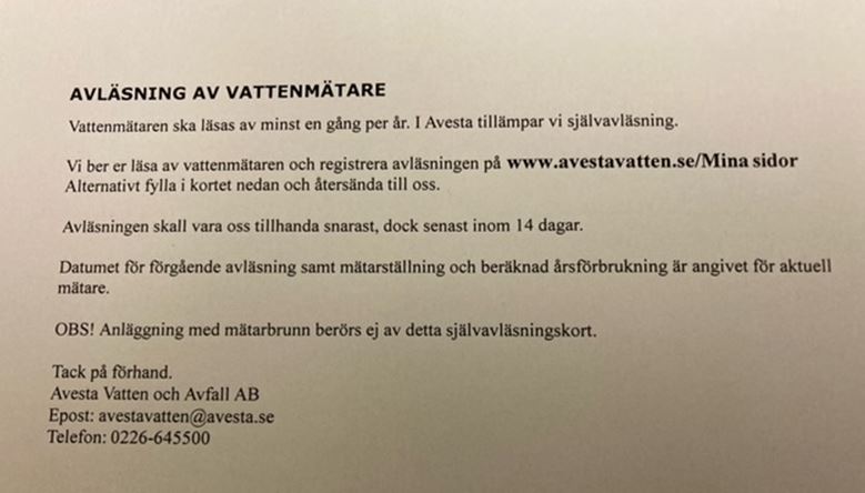 Avläsningsblankett vatten