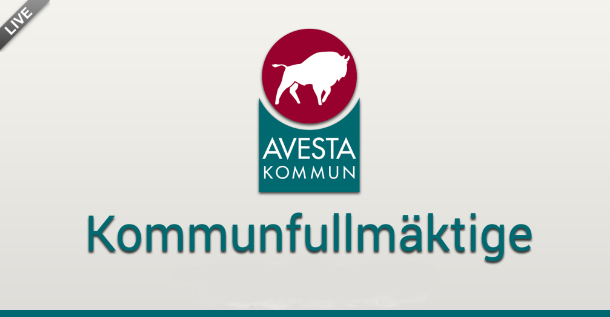 grå bakrund med text och logga: Avesta kommunfullmäktige