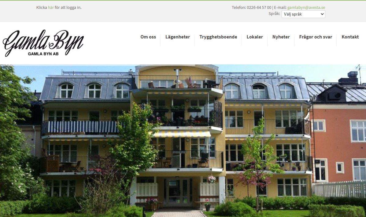 Gamla Byn AB:s hemsida på bild - ett av bestånedets hus
