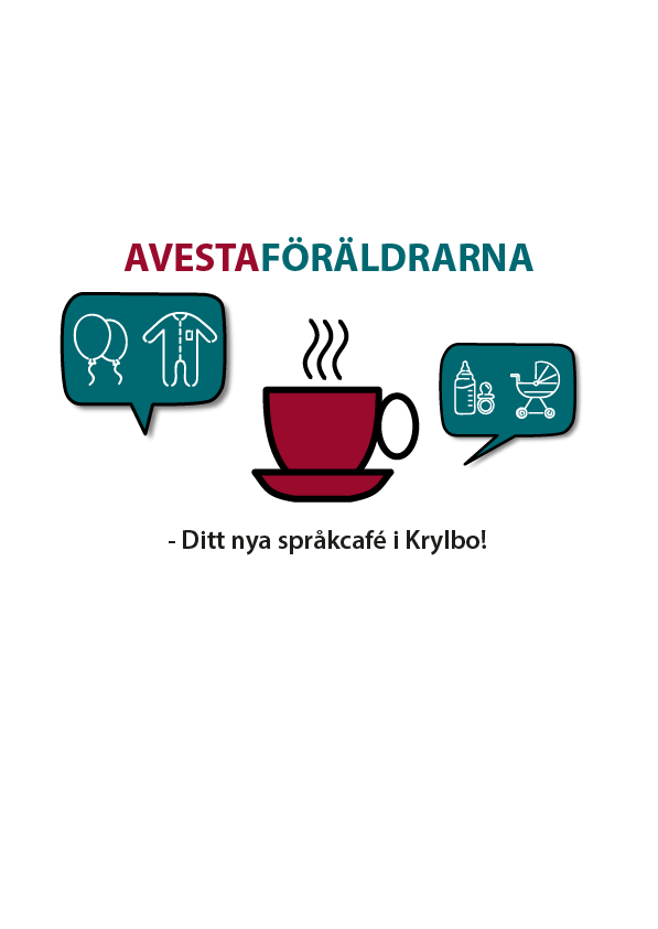 En bild som visar en logotyp med texten Avestaföräldrarna, en kopp och två pratbubblor. 