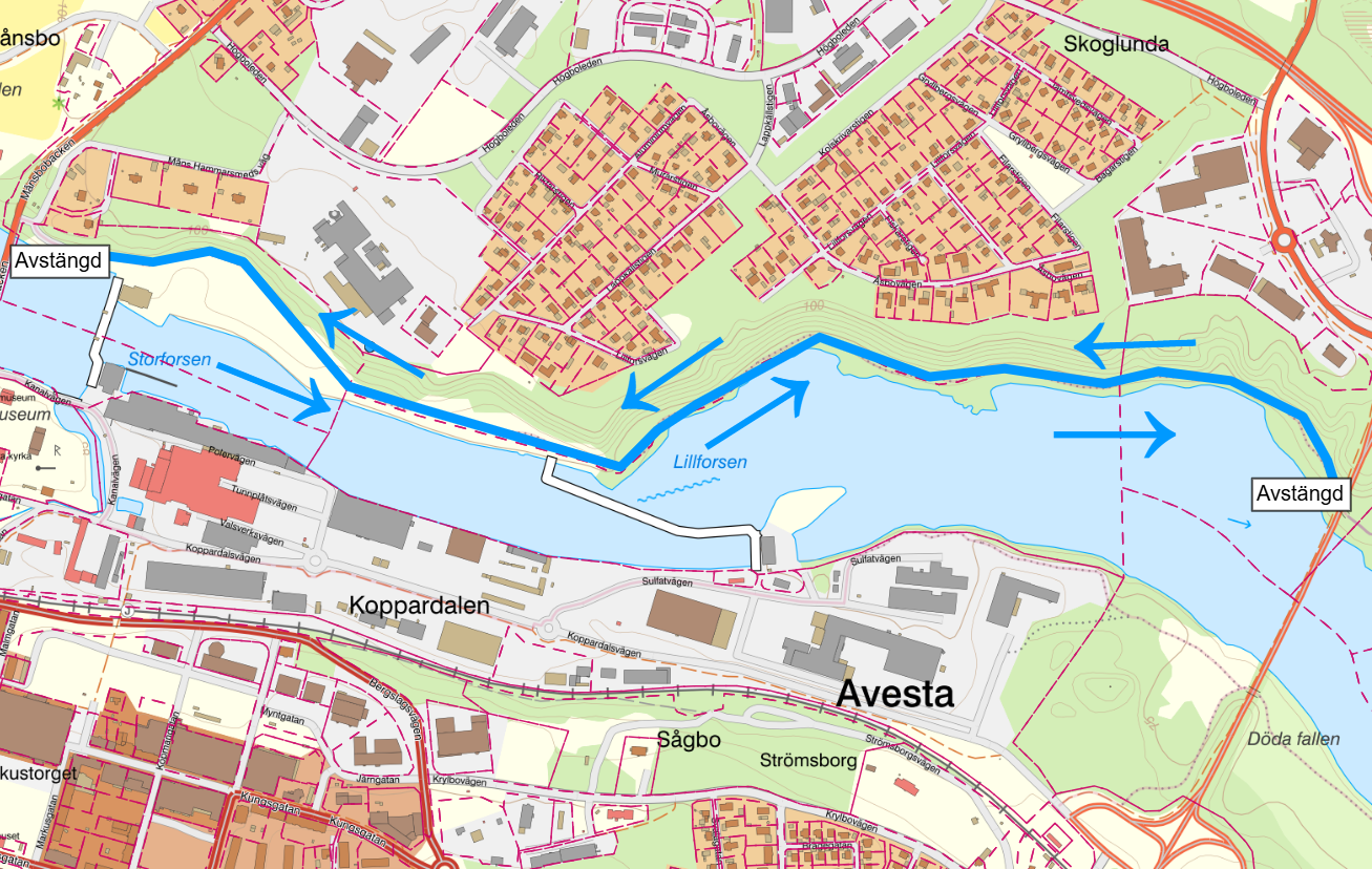 Kartbild över avstängningen 29 april Älvpromenaden 