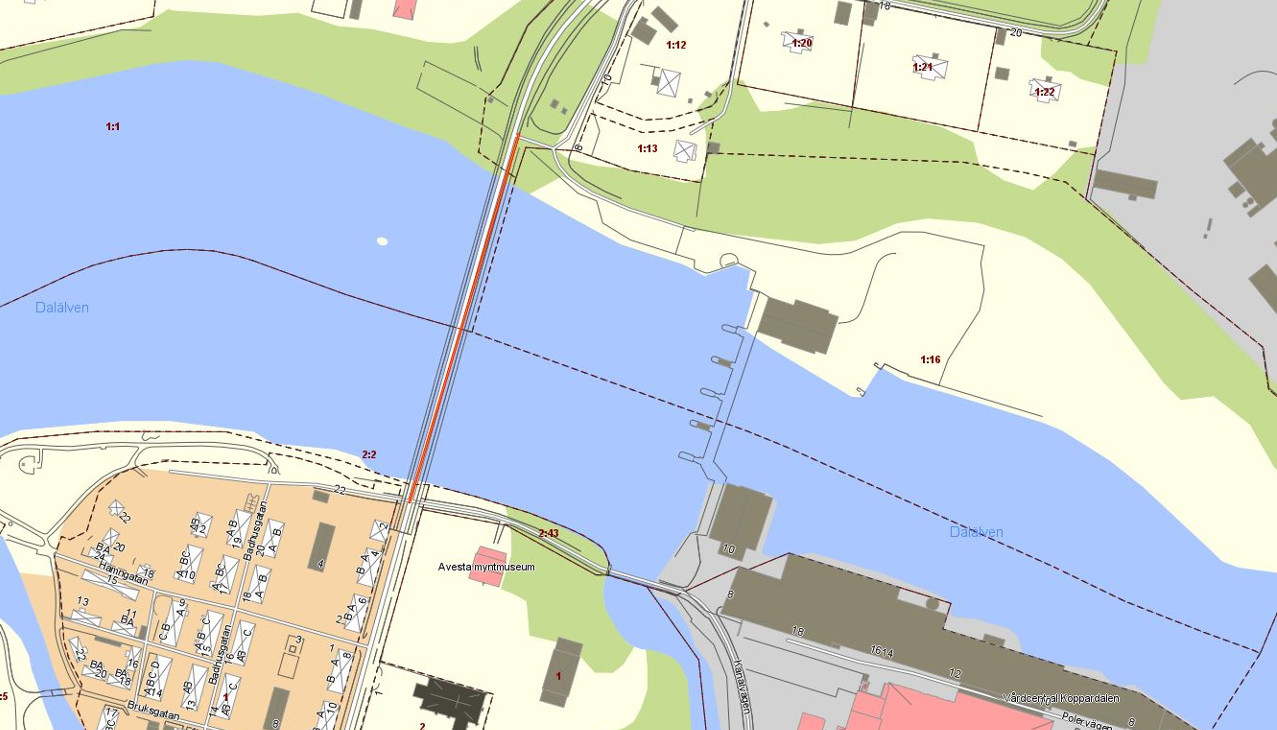 En kartbild där Kyrkbron är rödmarkerad